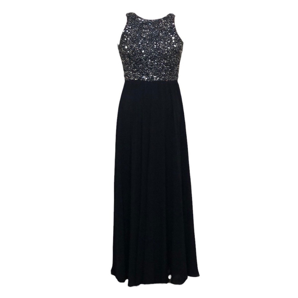 Badgley Mischka Dara Jumpsuit Size 0 Black Silver Sequin Wide Leg